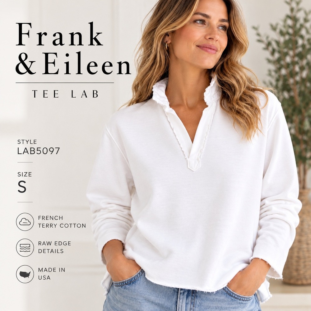 Frank & Eileen Tee Lab Pullover S White Sweatshirt Split Neck Raw Edge LAB5097